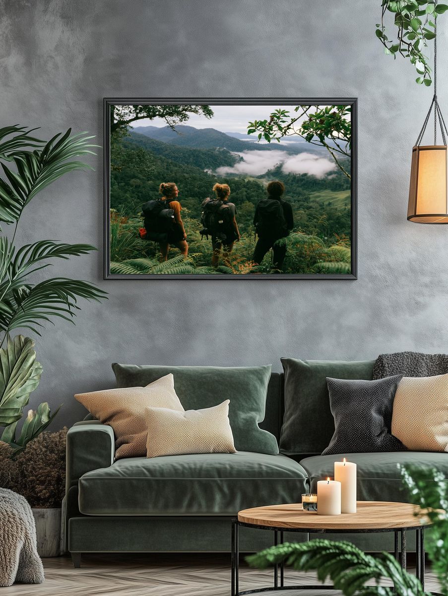 Misty Jungle Hikers Photography Poster. — room view 4