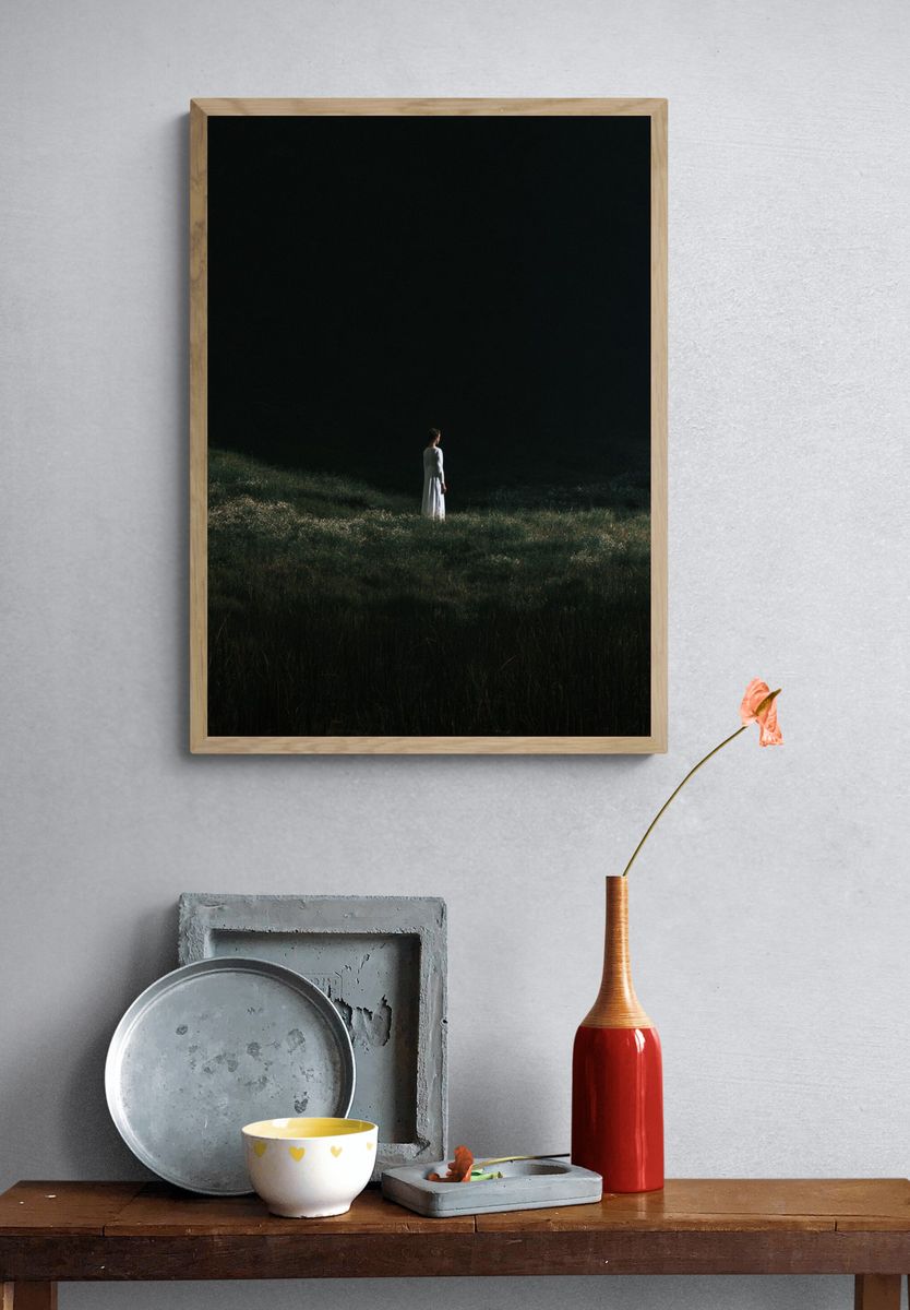 Solitary Figure in Meadow Photography Poster. — room view 3