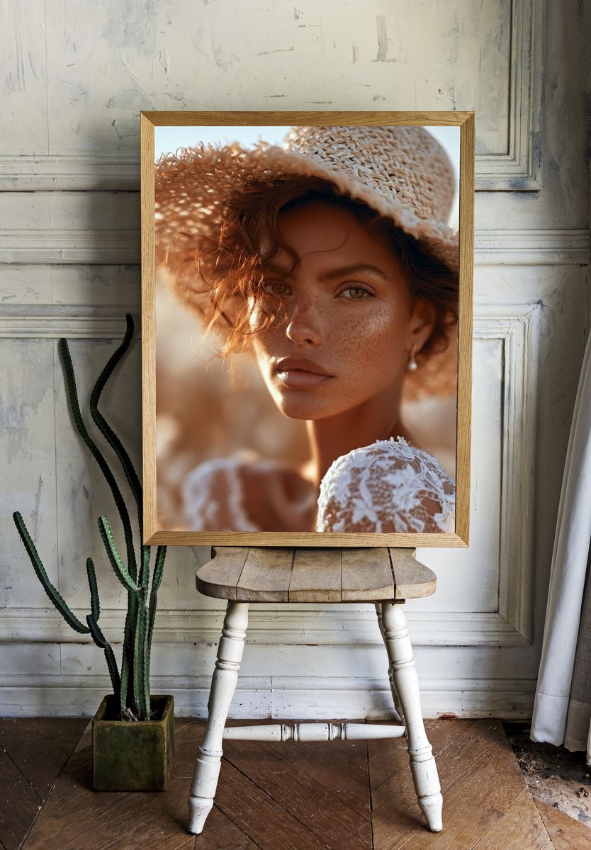Sunlit Straw Hat Portrait Print. — room view 1