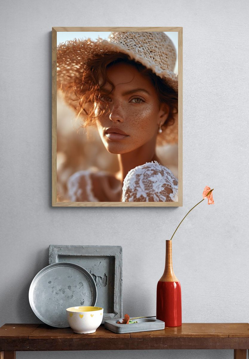 Sunlit Straw Hat Portrait Print. — room view 3