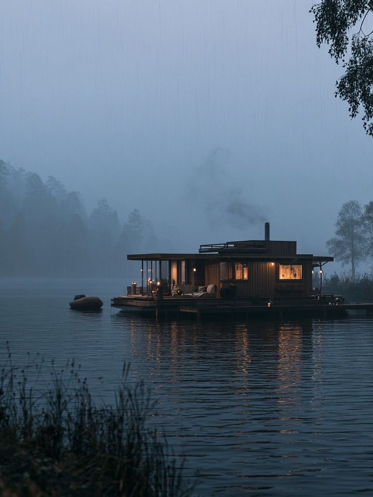 Misty Lakeside Cabin Photography Poster. poster — photography art