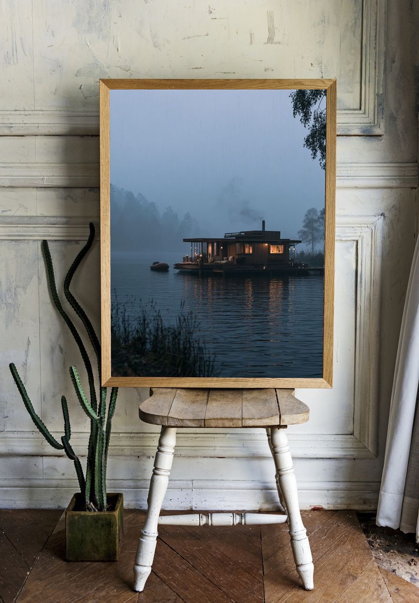 Misty Lakeside Cabin Photography Poster. — room view 1