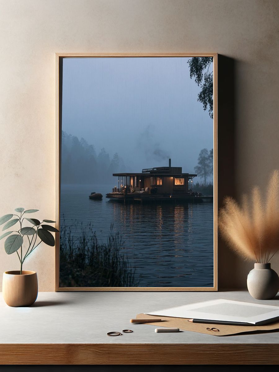Misty Lakeside Cabin Photography Poster. — room view 2