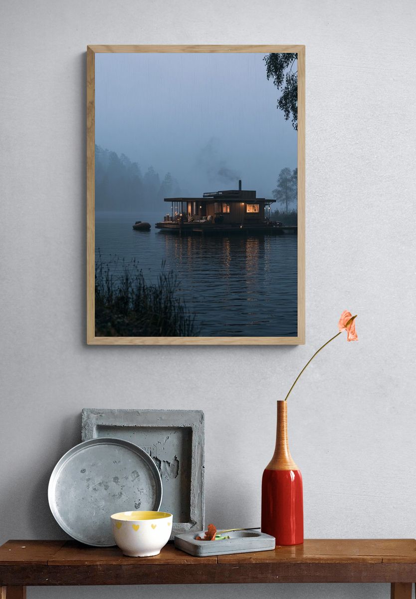 Misty Lakeside Cabin Photography Poster. — room view 3