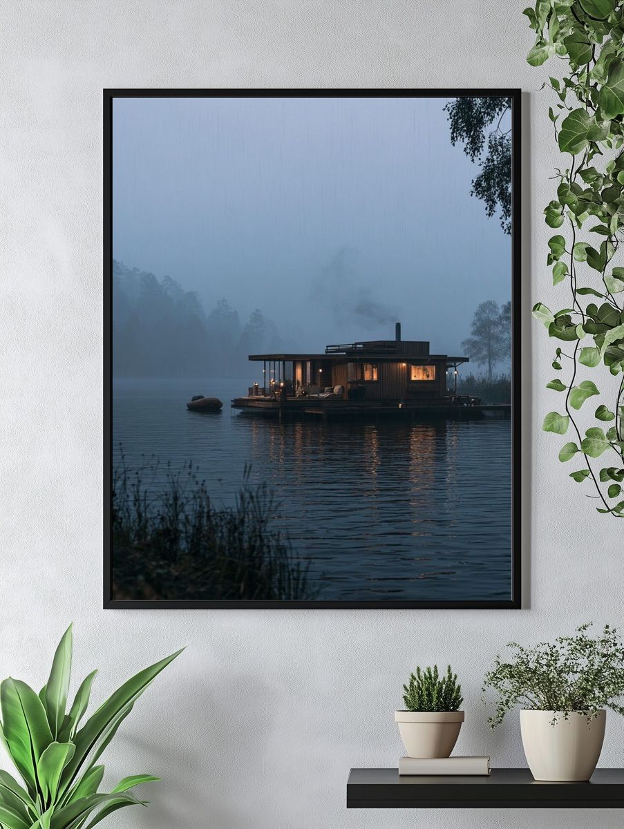 Misty Lakeside Cabin Photography Poster. — room view 4