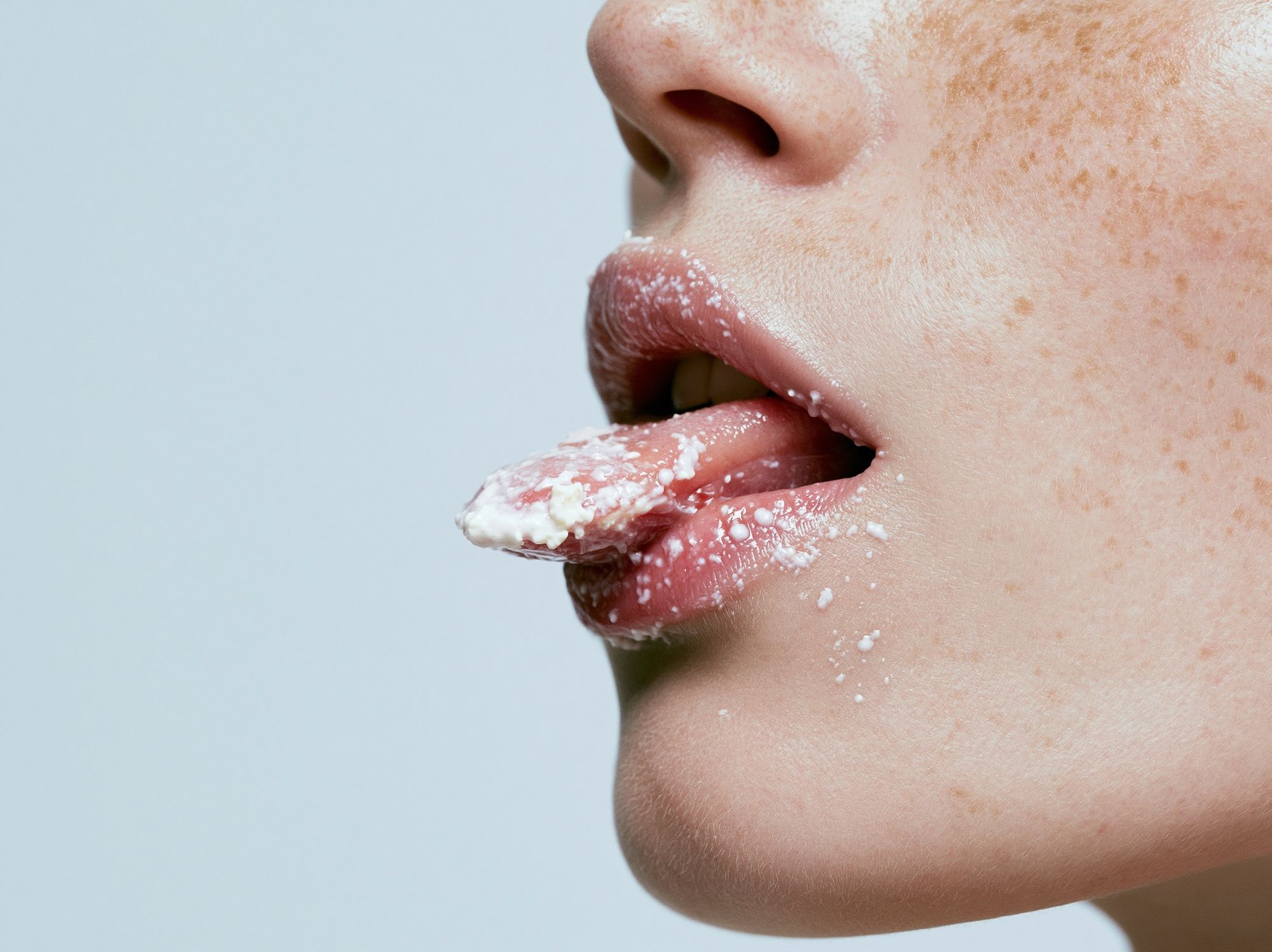Freckled Lips Close-Up Photography Poster. poster detail