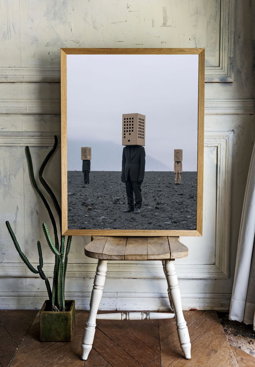 Surreal Box-Head Figures Print. room preview