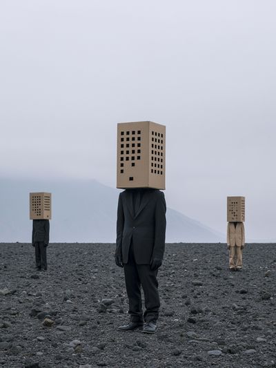 Surreal Box-Head Figures Print.