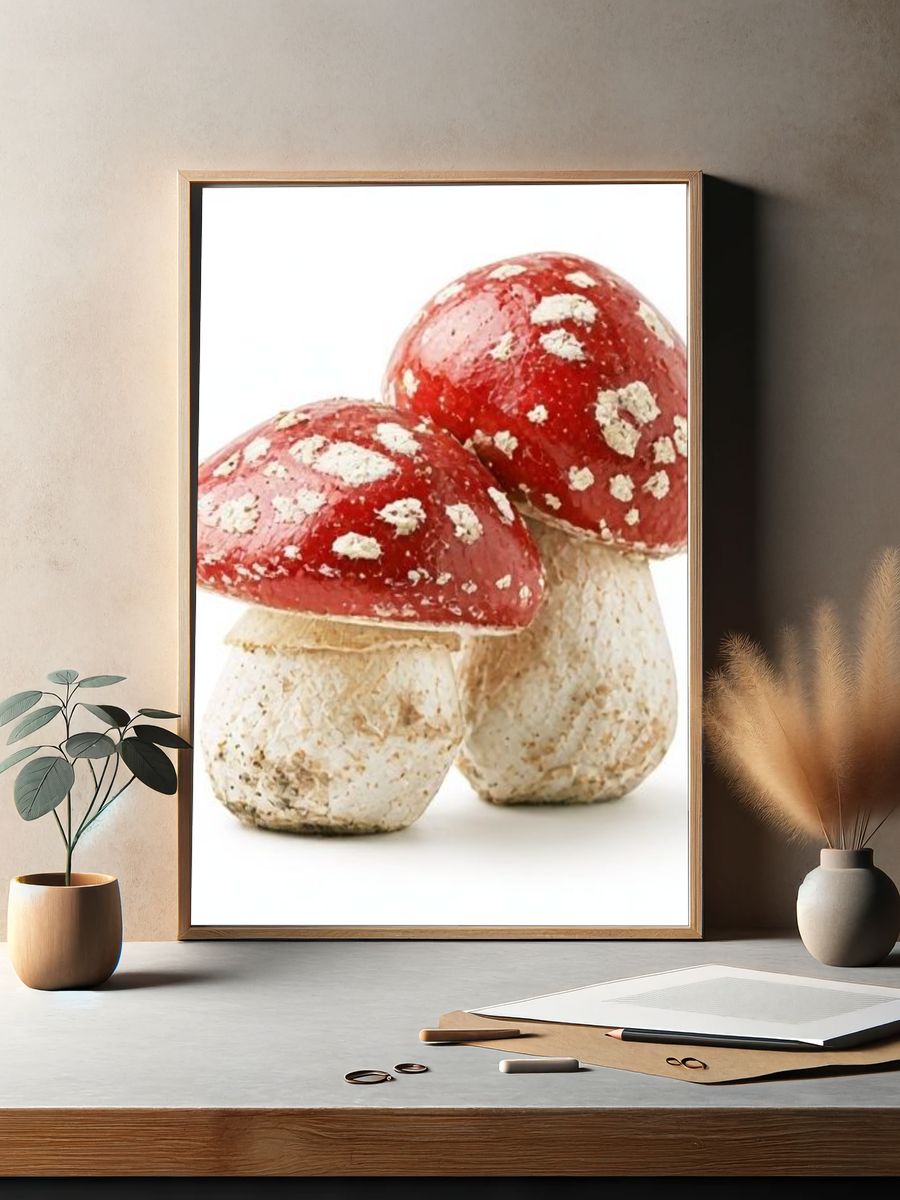 Red Toadstool Mushrooms Photography Poster. — room view 2