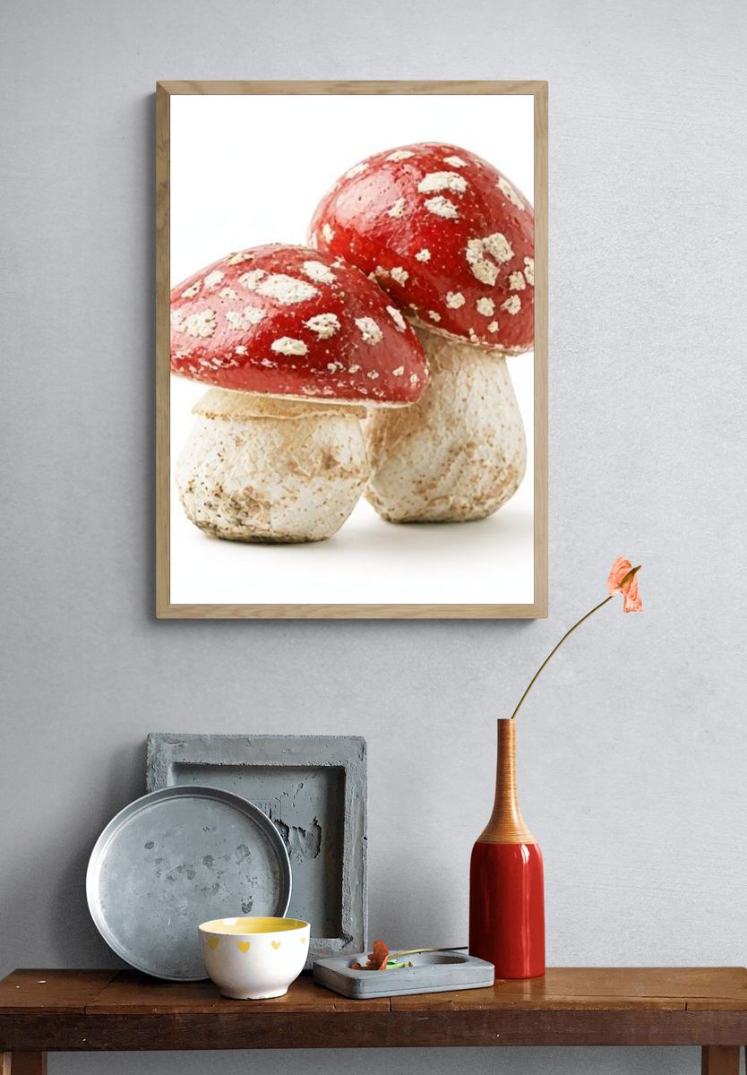 Red Toadstool Mushrooms Photography Poster. — room view 3