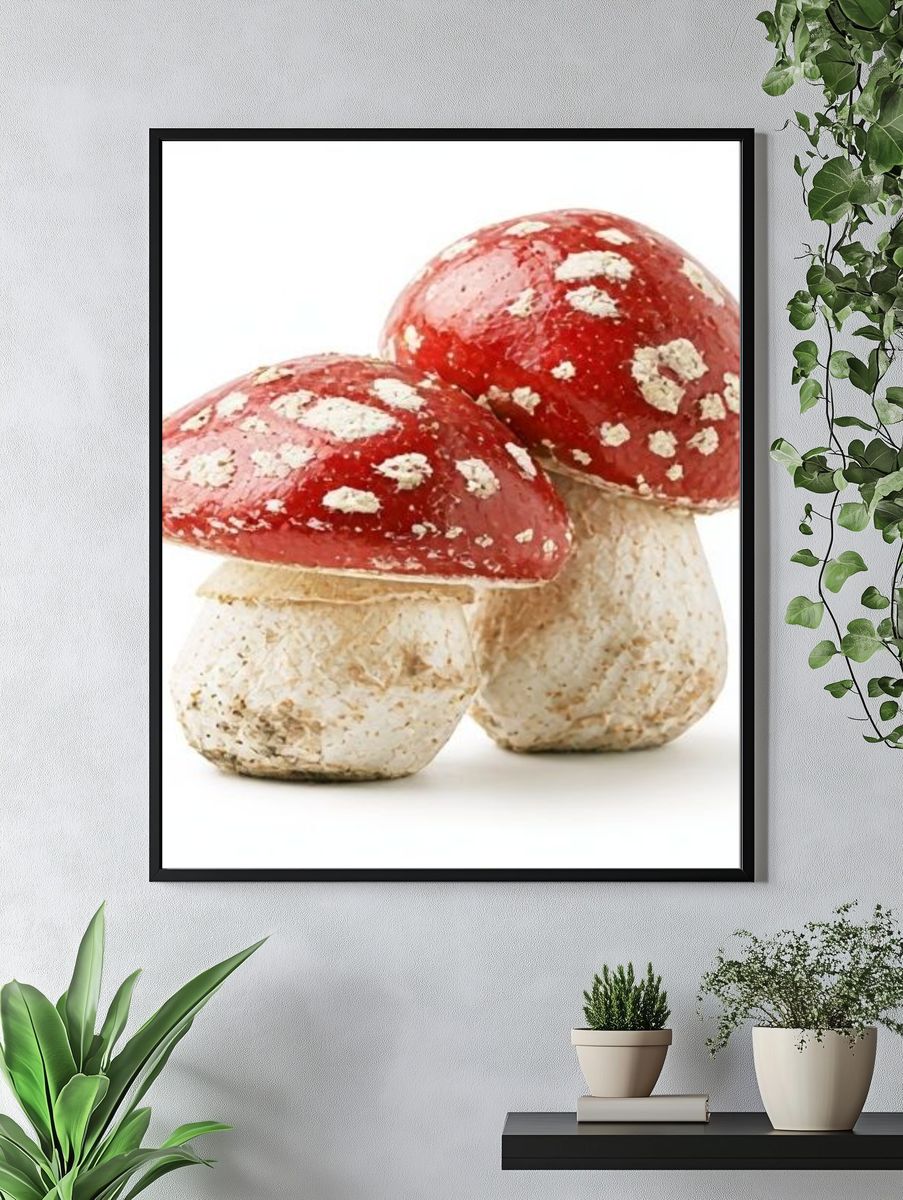 Red Toadstool Mushrooms Photography Poster. — room view 4