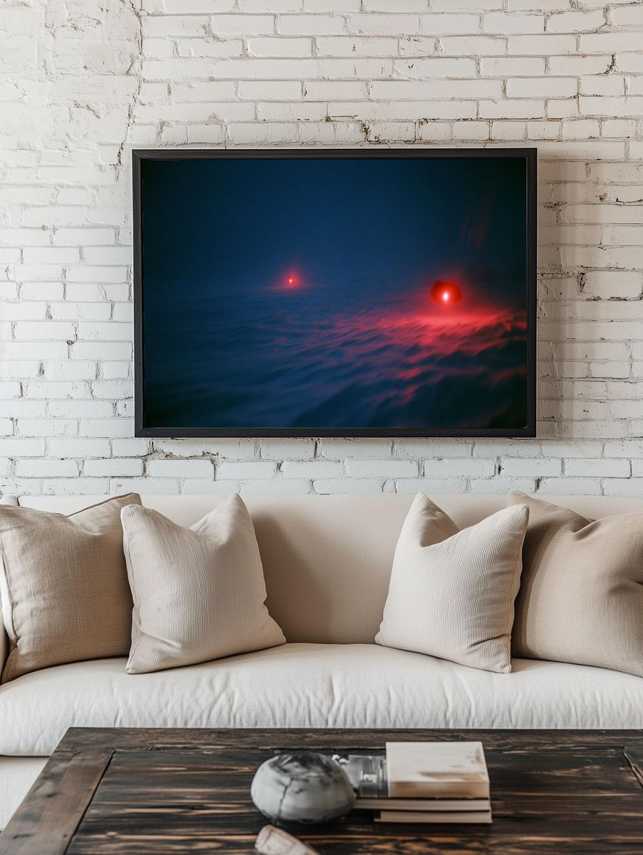 Red Lights in Fog Photography Poster. — room view 1