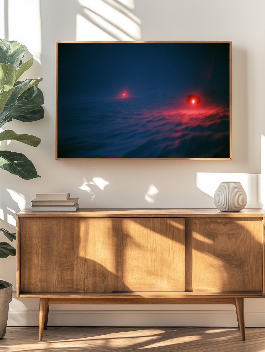 Red Lights in Fog Photography Poster. — room view 3