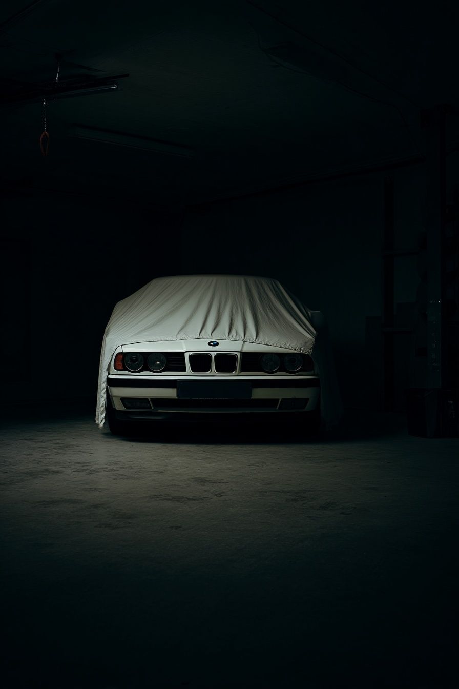 Covered BMW in Garage Photography Poster. poster detail