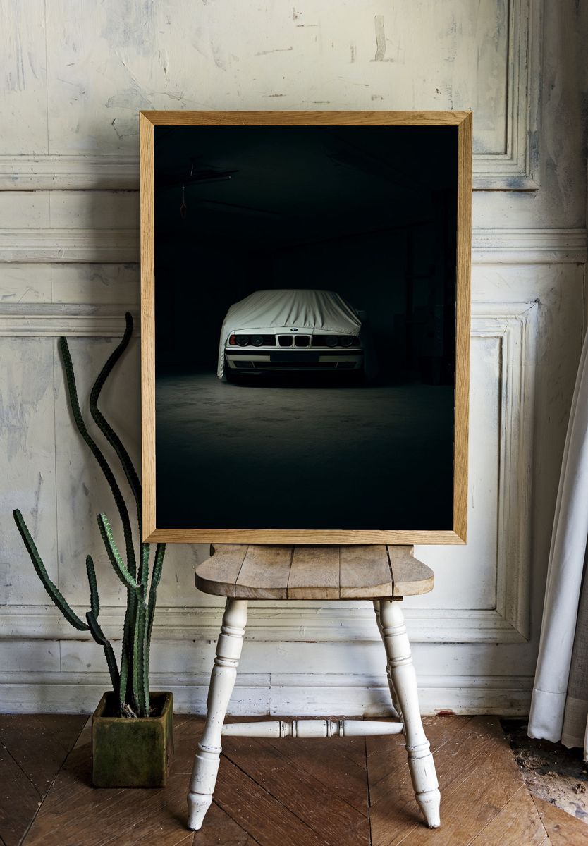 Covered BMW in Garage Photography Poster. — room view 1