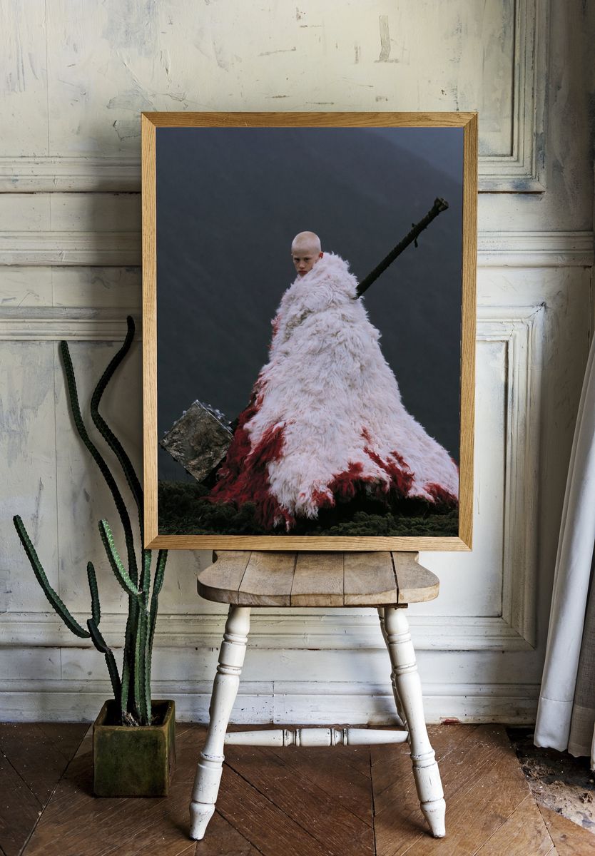 Surreal Fur-Clad Figure Photography Poster. — room view 1