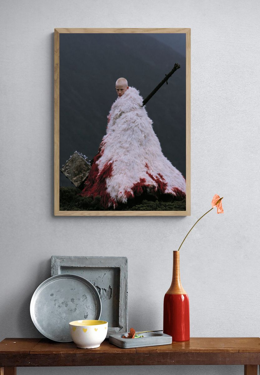 Surreal Fur-Clad Figure Photography Poster. — room view 3