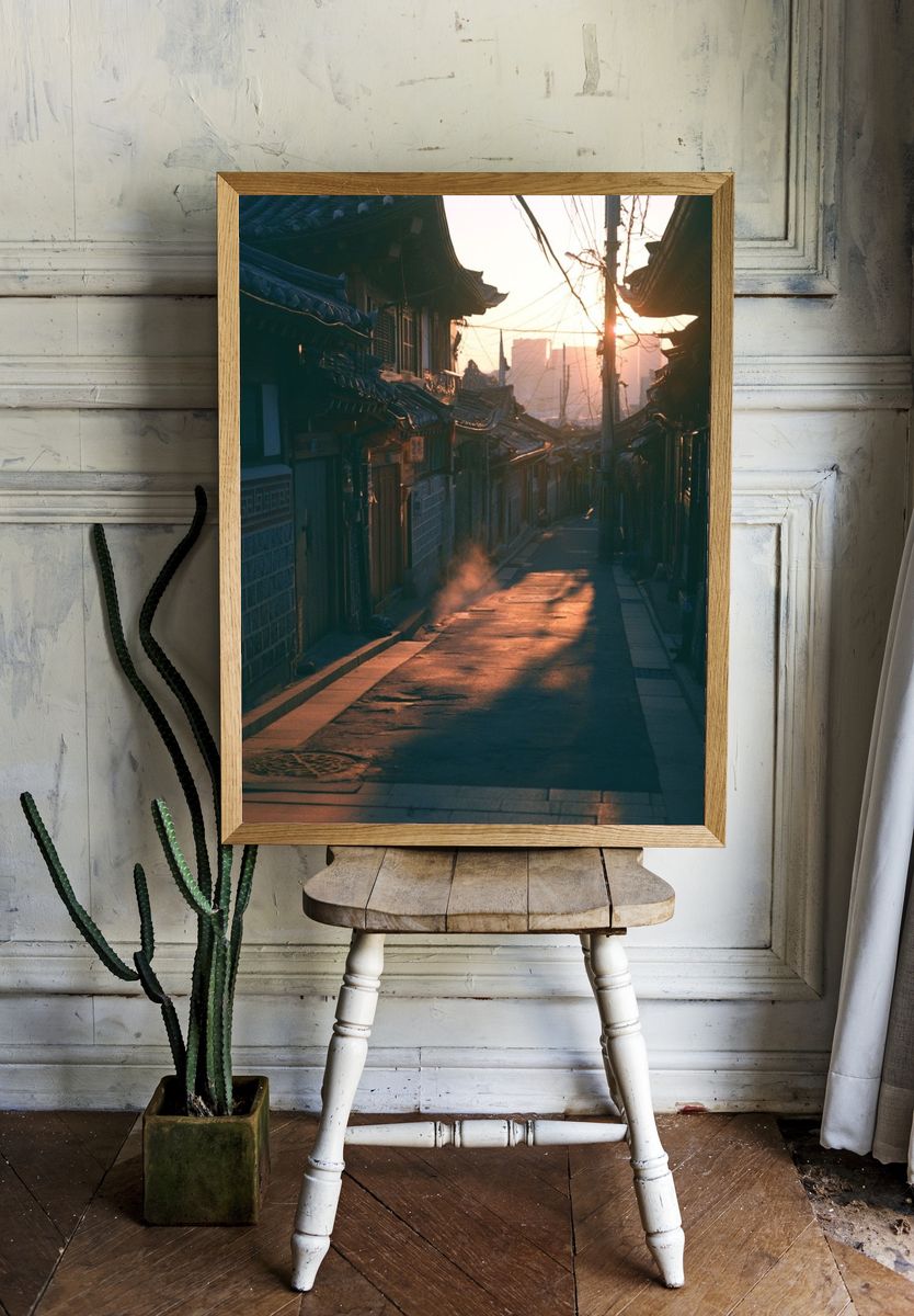 Seoul Alley at Sunrise Photography Poster. — room view 1