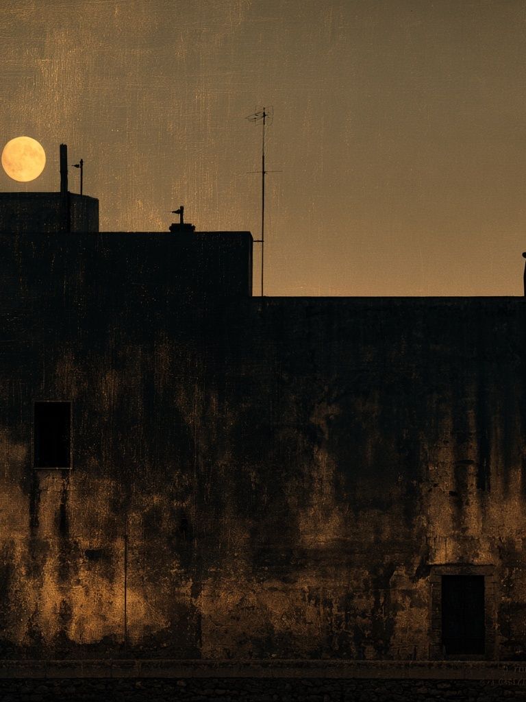 Moonlit Rooftop Silhouette Photography Poster. poster detail