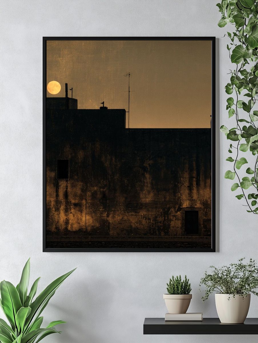 Moonlit Rooftop Silhouette Photography Poster. — room view 4