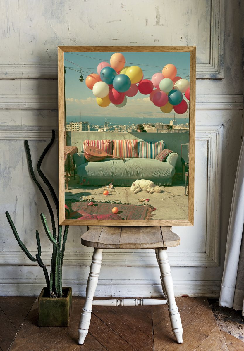 Rooftop Balloons Cityscape Photography Poster. — room view 1
