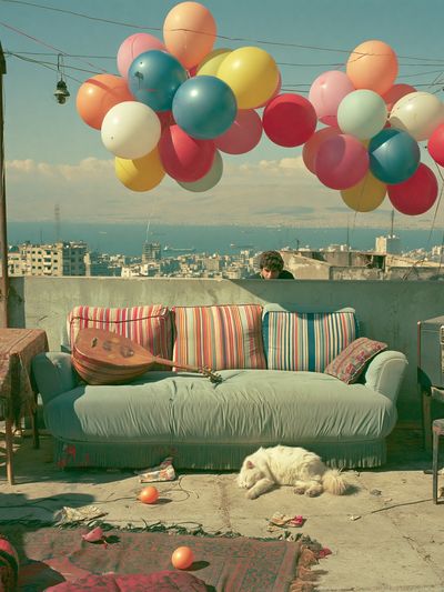 Rooftop Balloons Cityscape Photography Poster. poster