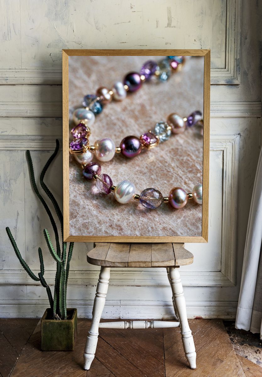 Pearl and Gem Necklace Photography Poster. — room view 1