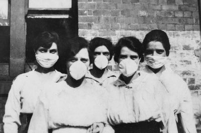 Women wearing surgical masks influenza. poster print