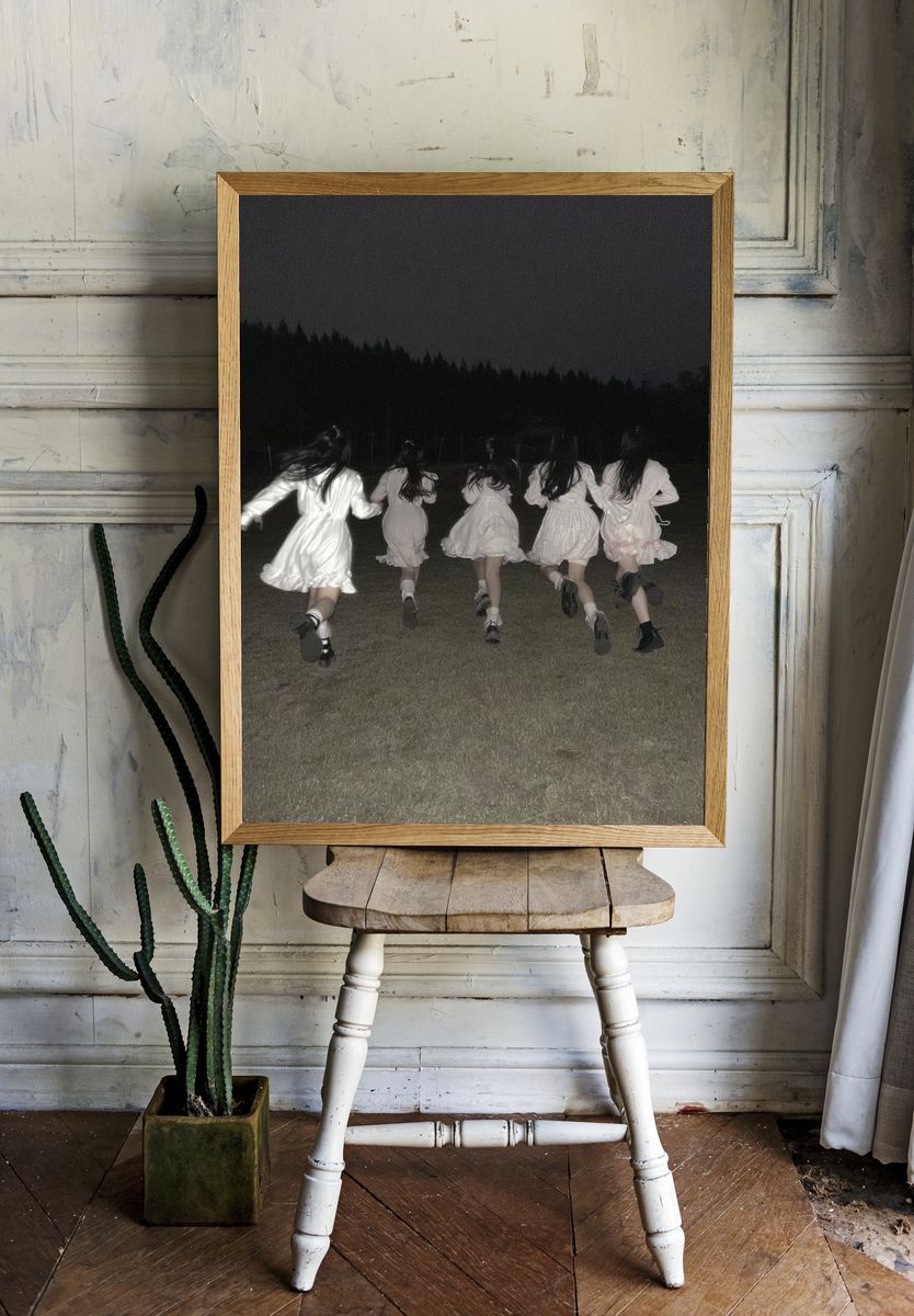 Girls Running at Night Photography Poster. — room view 1