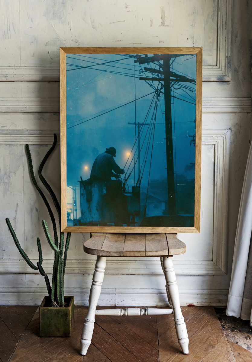 Foggy Utility Worker Photography Poster. room preview