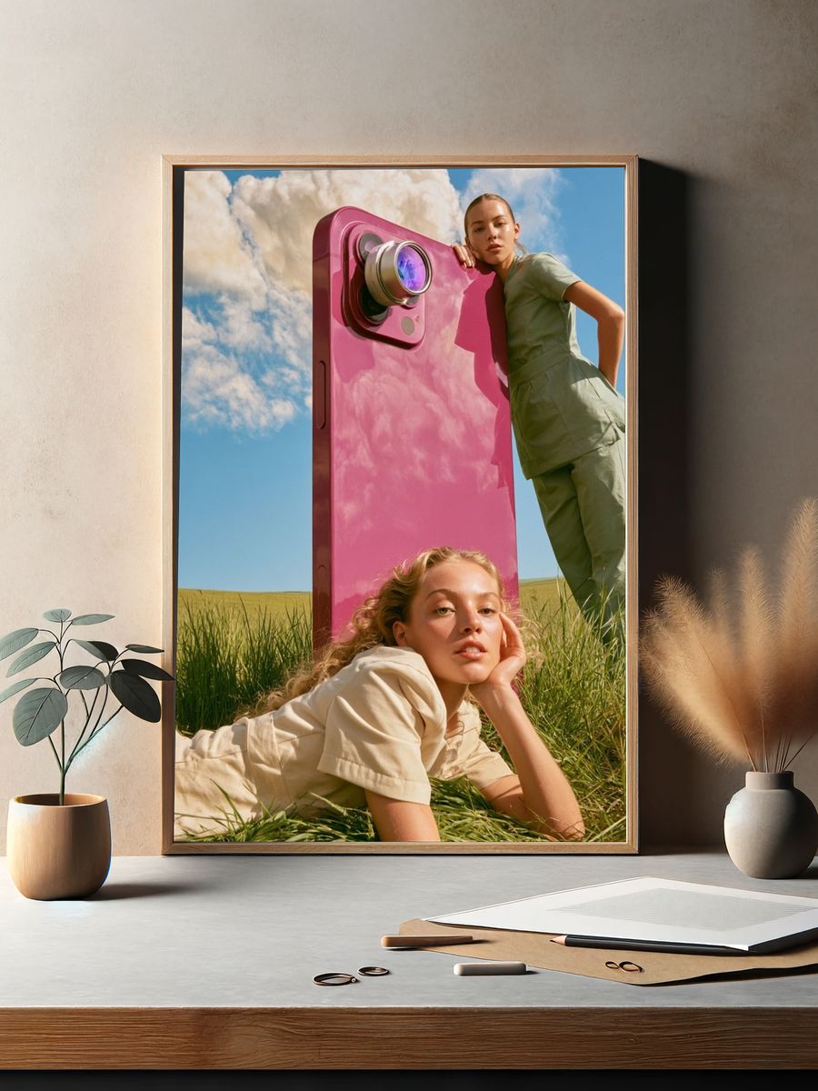 Surreal Pink Camera Portrait Print. — room view 2