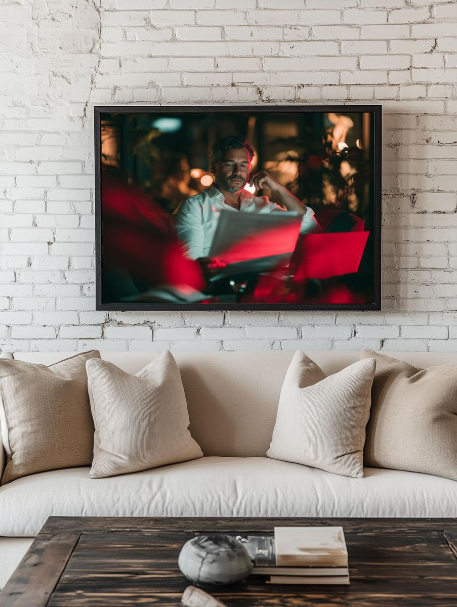 Focused Man at Laptop Photography Poster. — room view 1