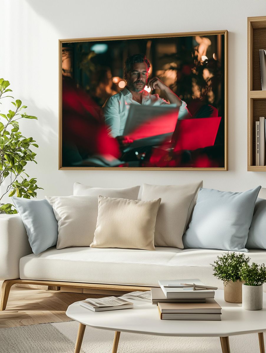 Focused Man at Laptop Photography Poster. — room view 2
