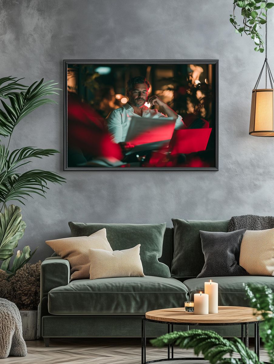 Focused Man at Laptop Photography Poster. — room view 4