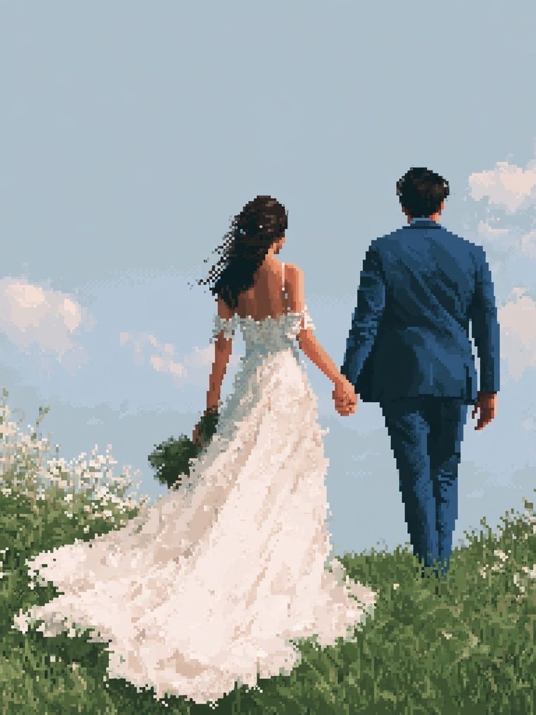 Wedding Couple in Meadow Photography Poster. poster detail