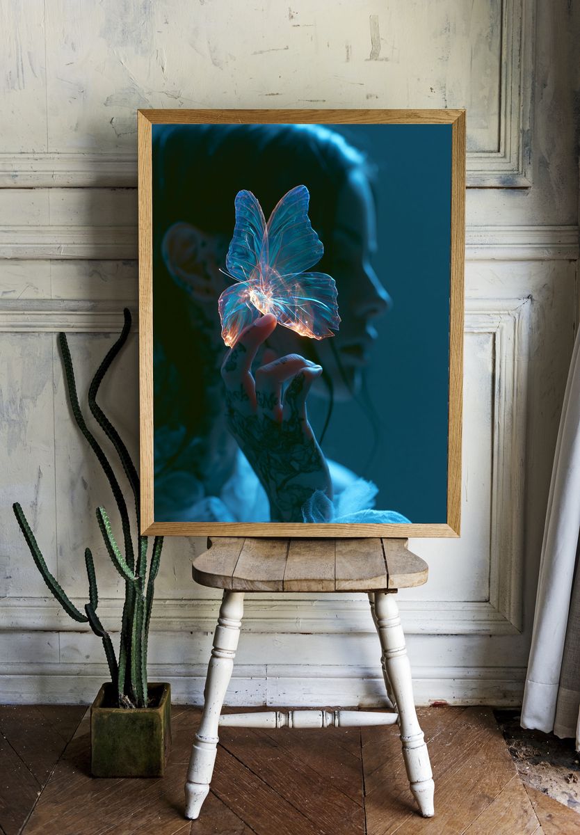 Glowing Butterfly Hand Photography Poster. room preview