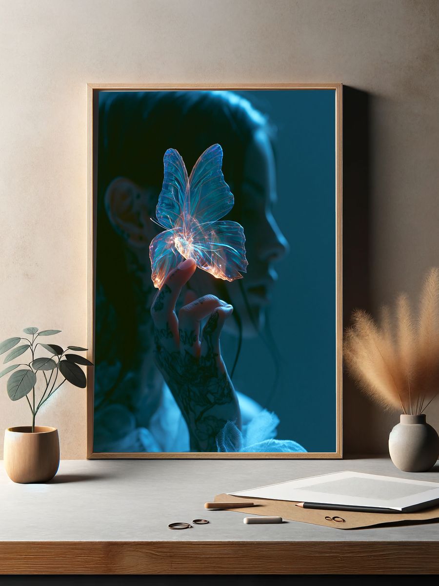 Glowing Butterfly Hand Photography Poster. — room view 2