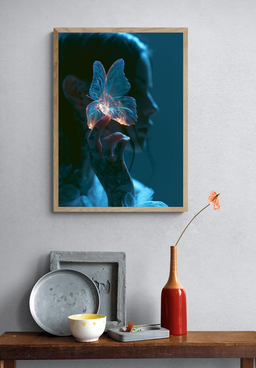 Glowing Butterfly Hand Photography Poster. — room view 3