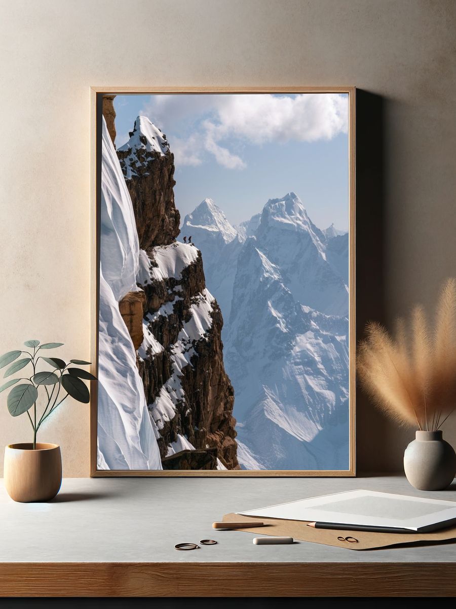 Snowy Alpine Cliffs Photography Poster. — room view 2