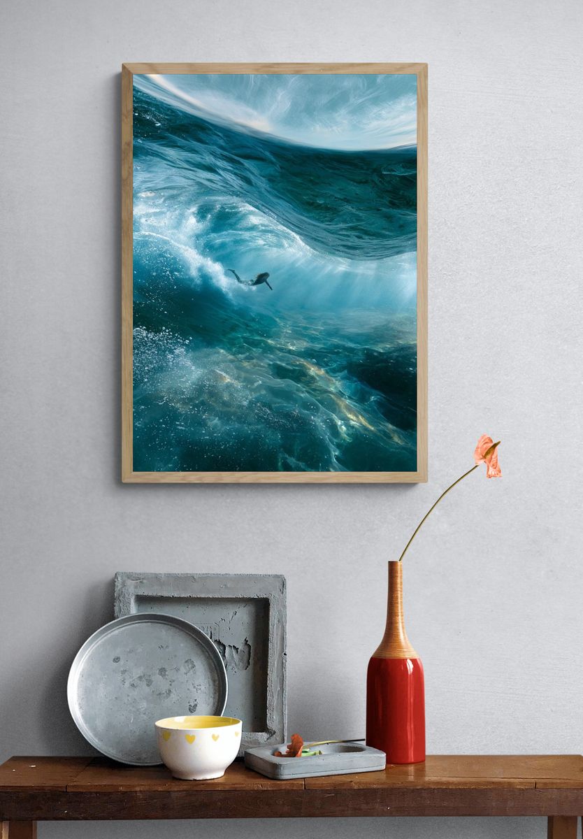 Underwater Wave Surfer Photography Poster. — room view 3