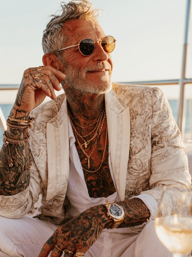 Tattooed Gentleman on Yacht Photography Poster. poster detail