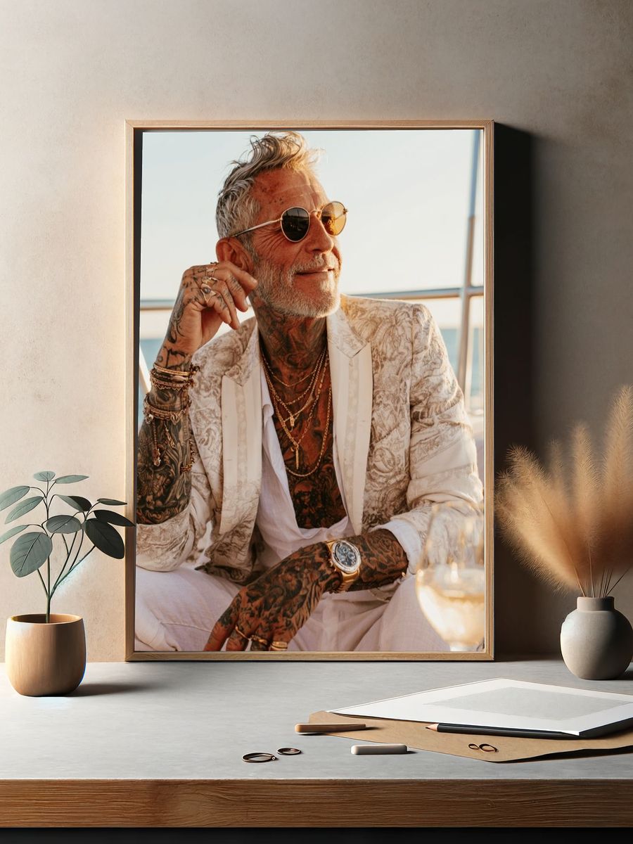 Tattooed Gentleman on Yacht Photography Poster. — room view 2