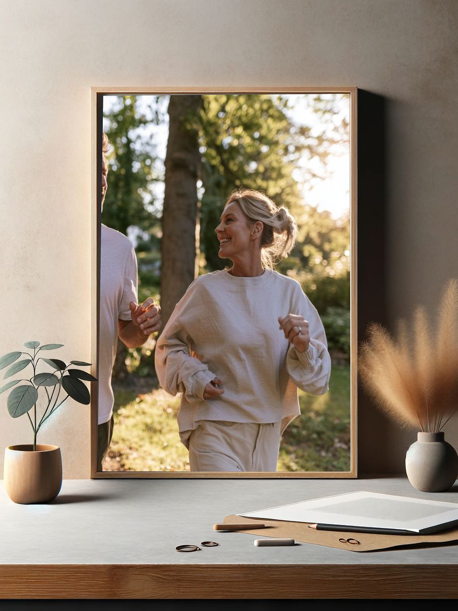 Couple Jogging in Sunlit Forest Photography Poster. — room view 2
