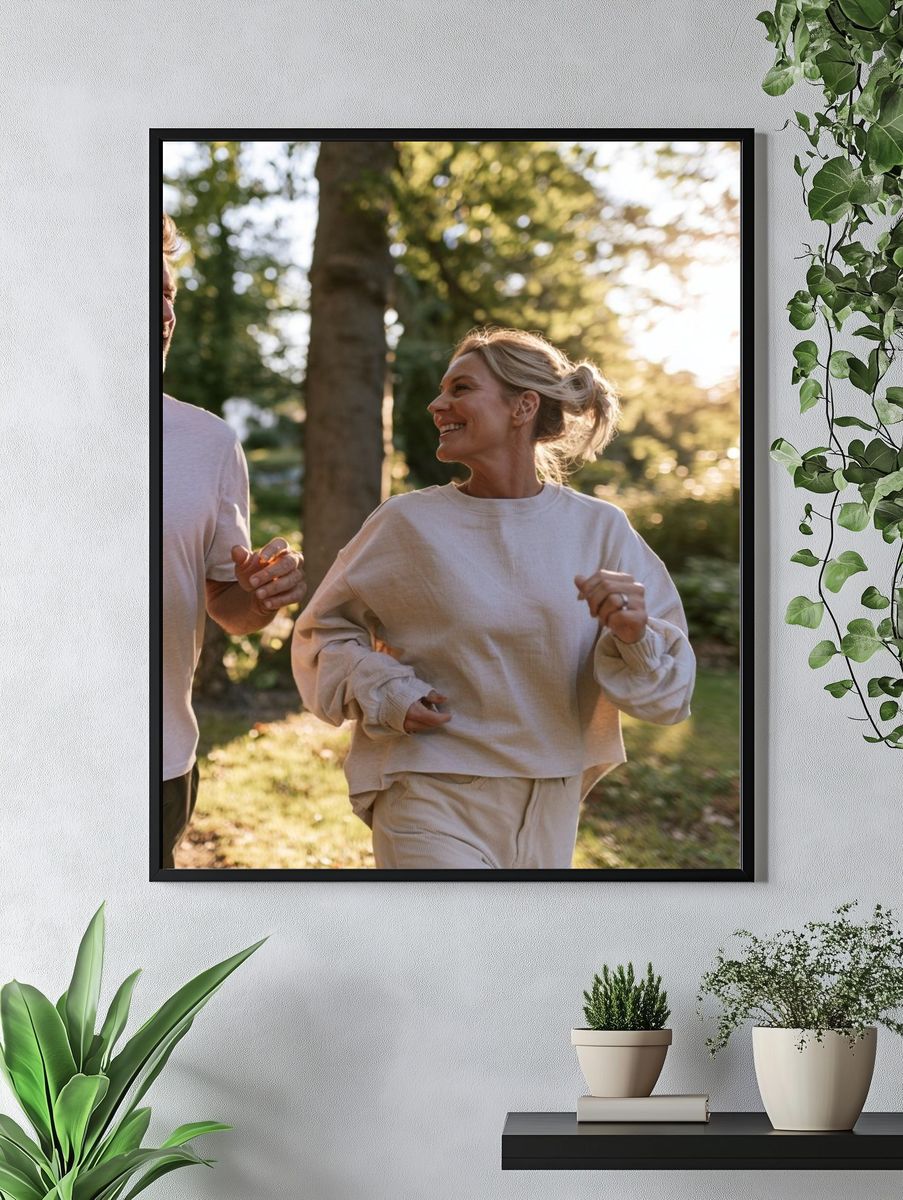 Couple Jogging in Sunlit Forest Photography Poster. — room view 4