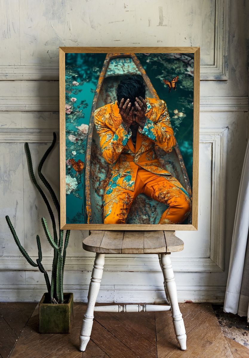 Surreal Floral Boat Portrait Print. — room view 1