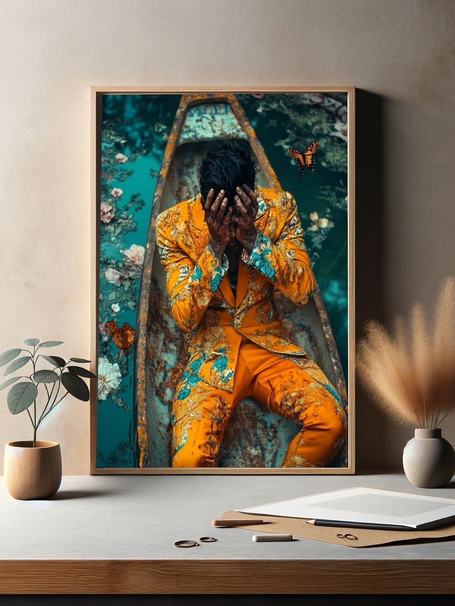 Surreal Floral Boat Portrait Print. — room view 2