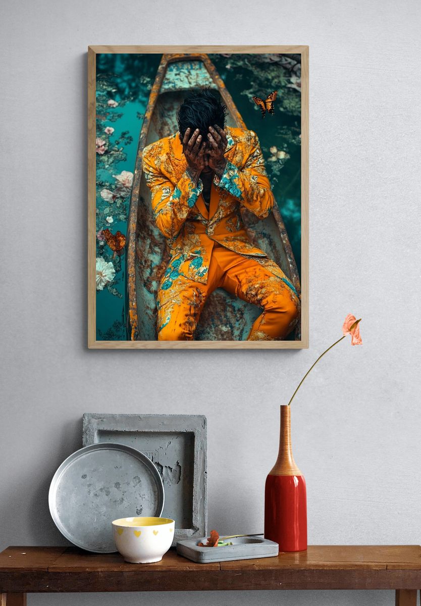 Surreal Floral Boat Portrait Print. — room view 3