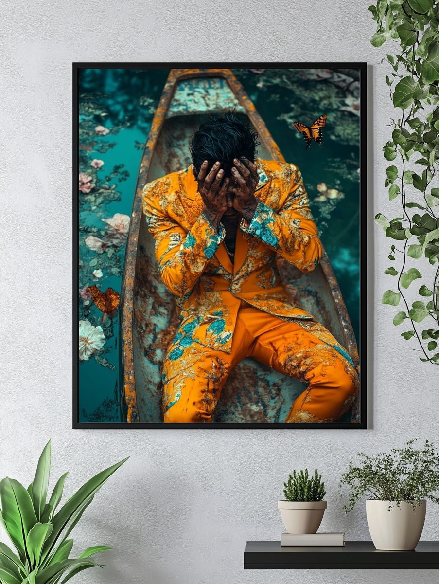 Surreal Floral Boat Portrait Print. — room view 4