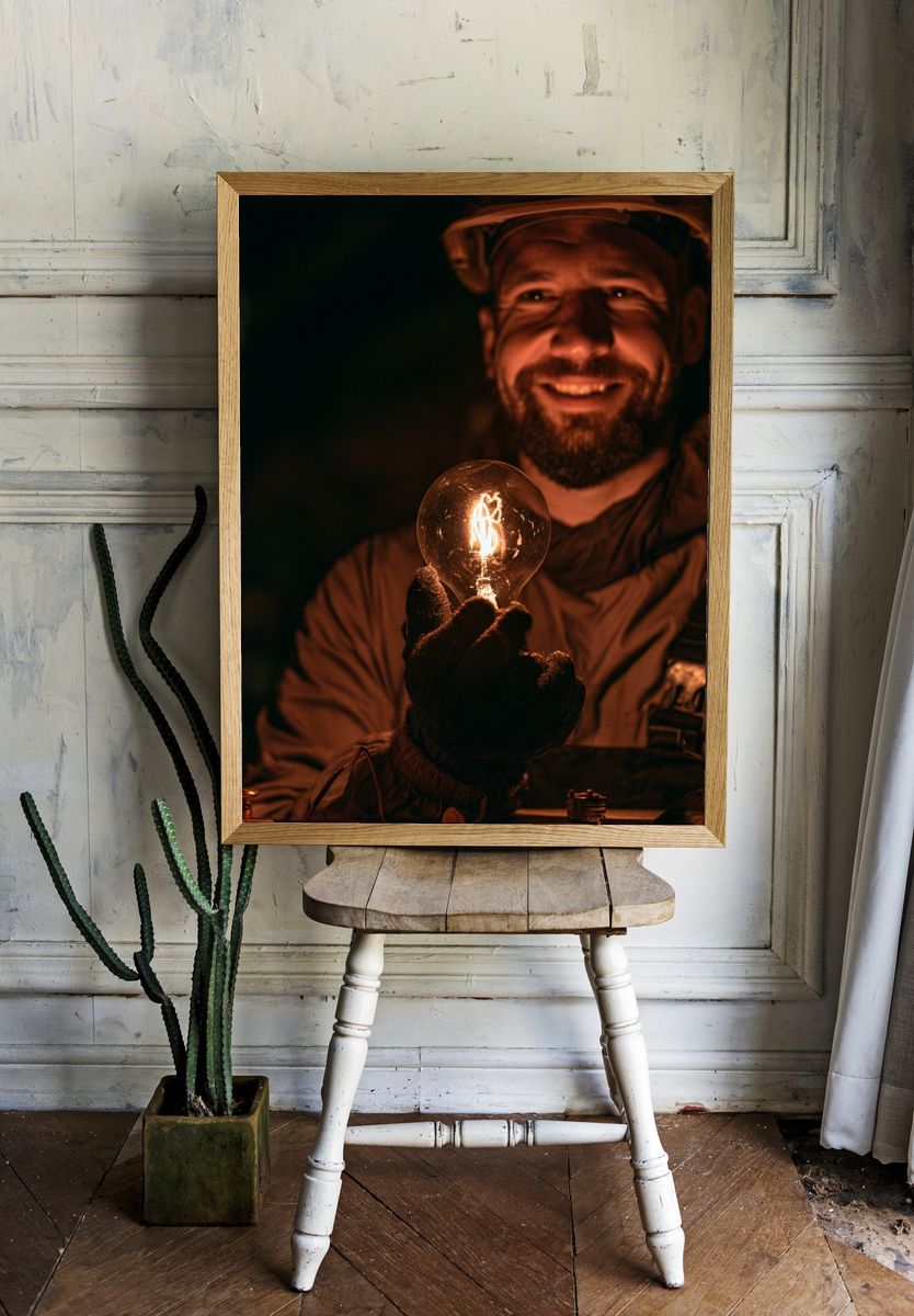 Smiling Miner with Light Bulb Poster. room preview