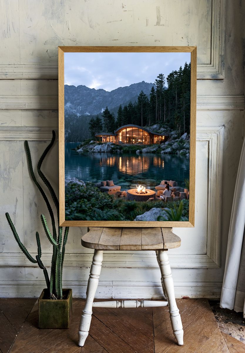 Lakeside Mountain Cabin Photography Poster. — room view 1